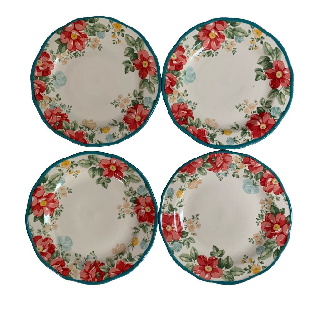 The Pioneer Woman Vintage Floral 4-Piece 10-1/2” Dinner Plate Set Lot Teal
